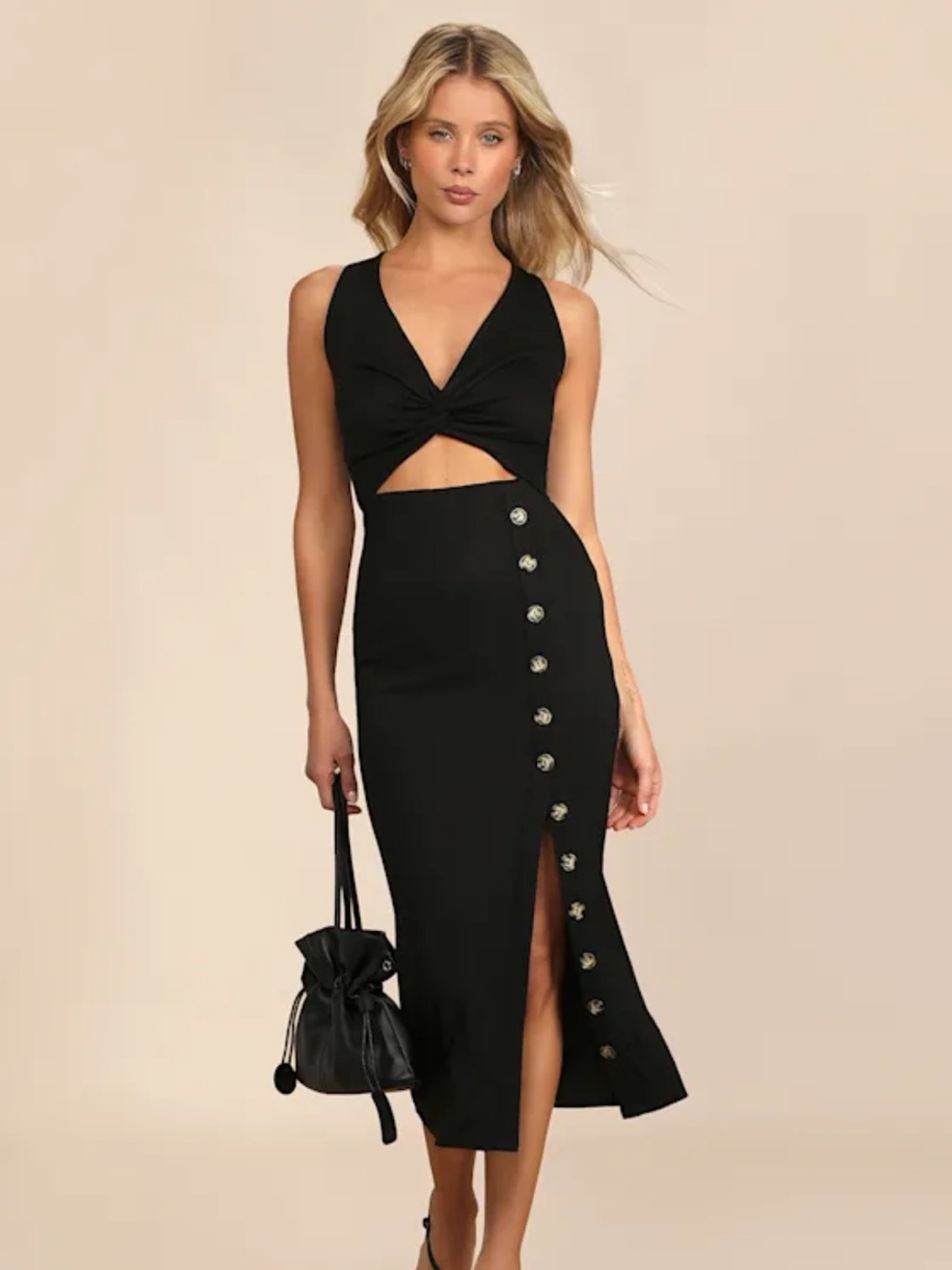 NEW Lulus Trend Seeker Black Ribbed Twist-Front Cutout Midi Dress Small